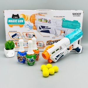 2-in-1 Magic Gun Toy Set – Dual Function Soft EVA Ball Blaster & Water Shooter with Target Bowling Pins for Kids