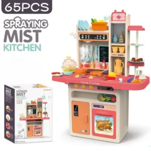 65 PCS Spraying Mist Kitchen Playset | Deluxe Electronic Simulation Cooking Toy with Realistic Steam, Water Sink, Lights & Music for Kids (Ages 3+)