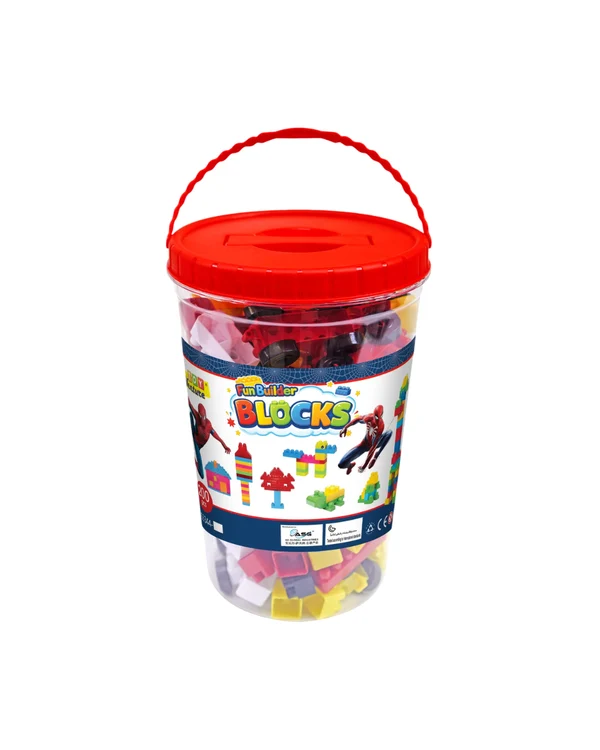 Fun Builder Blocks 200 PCS Superhero Theme Construction Toy Bucket | Creative Interlocking Brick Set with Red Storage Container for Kids (Ages 3+)