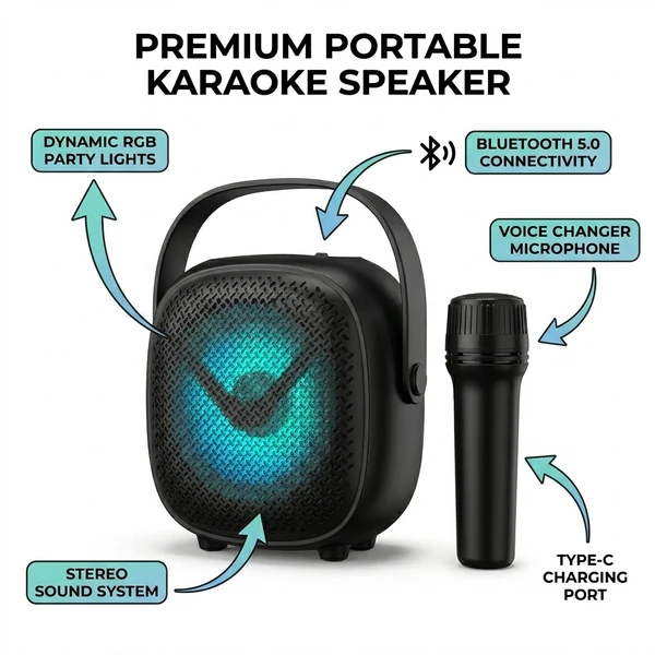 Portable Karaoke Bluetooth Speaker with Wireless Microphone – Rechargeable Party Speaker with RGB LED Lights, Music & Singing System - Image 4