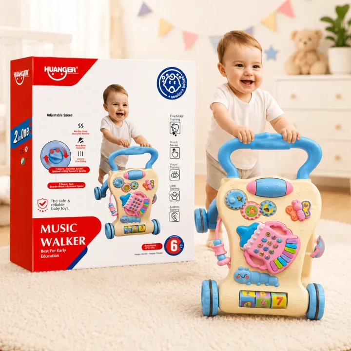 Huanger 2-in-1 Baby Music Walker & Activity Center – Adjustable Speed Sit-to-Stand Learning Walker with Musical Piano Toy, Educational Gears & Non-Slip Wheels
