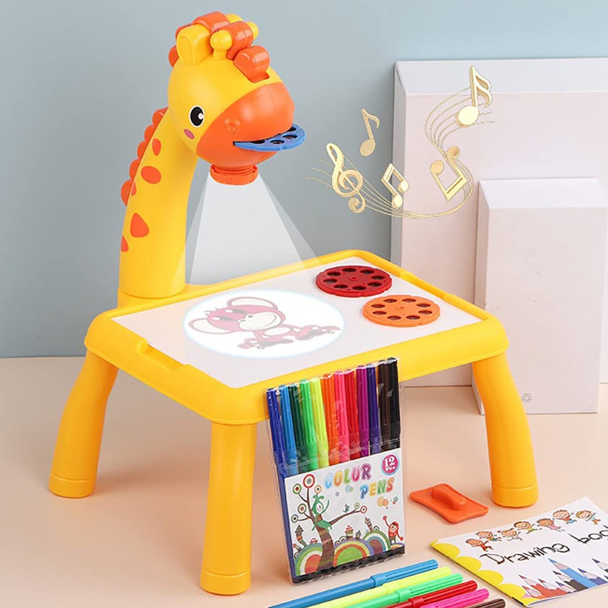 Kids Giraffe Projection Drawing Table & Art Desk Toy with Music, Projector Discs & Color Pens | Educational Painting Projector Toy for Toddlers - Image 2