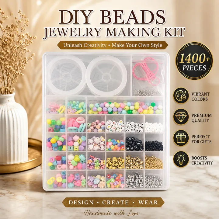 Ultimate DIY Beads Jewelry Making Kit for Kids & Adults – 1400+ Pieces with Storage Box, Letter Beads, Smiley Faces, Charms & Elastic Cords for Bracelets, Necklaces, and Crafts