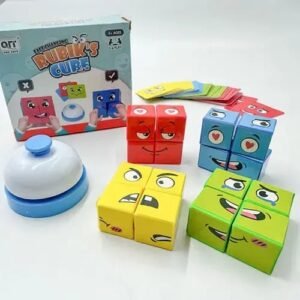 Face Changing Rubik's Cube Game – Interactive Wooden Expression Matching Puzzle with Challenge Cards & Speed Ring Bell