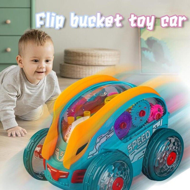 Flip Bucket Stunt Toy Car for Kids | 360° Rotating Double-Sided Racing Car with Light-Up Wheels | Push & Go Stunt Vehicle - Image 4