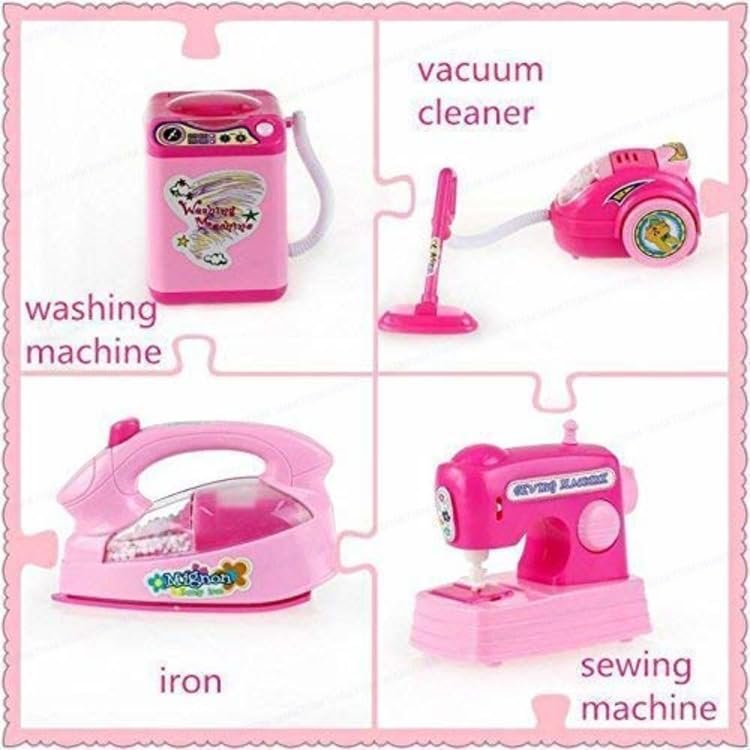 Kids Pretend Play Household Appliance Toy Set | Battery-Operated Mini Washing Machine, Vacuum Cleaner, Iron & Sewing Machine Playset (Pink) - Image 2