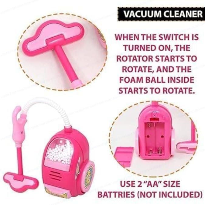 Kids Pretend Play Household Appliance Toy Set | Battery-Operated Mini Washing Machine, Vacuum Cleaner, Iron & Sewing Machine Playset (Pink) - Image 4