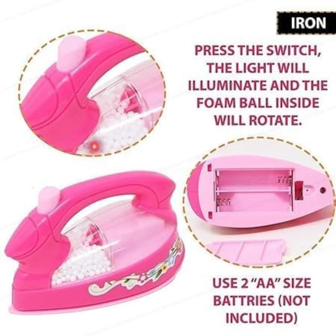 Kids Pretend Play Household Appliance Toy Set | Battery-Operated Mini Washing Machine, Vacuum Cleaner, Iron & Sewing Machine Playset (Pink) - Image 5