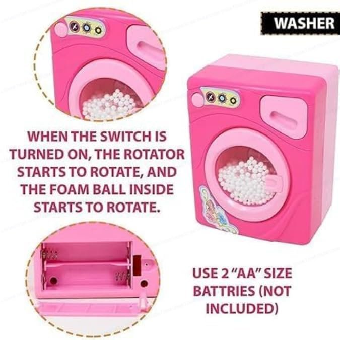 Kids Pretend Play Household Appliance Toy Set | Battery-Operated Mini Washing Machine, Vacuum Cleaner, Iron & Sewing Machine Playset (Pink) - Image 3