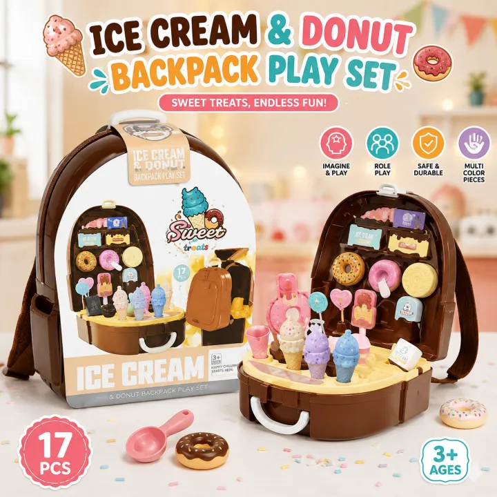 Ice Cream & Donut Backpack Play Set – 17-Piece Portable Pretend Play Dessert Shop with Toy Ice Cream Cones, Donuts, Lollipops & Storage Case - Image 2