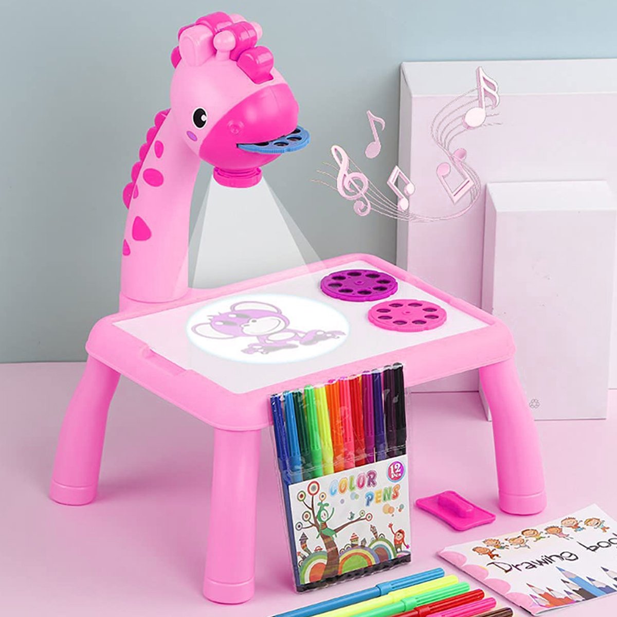 Kids Giraffe Projection Drawing Table & Art Desk Toy with Music, Projector Discs & Color Pens | Educational Painting Projector Toy for Toddlers