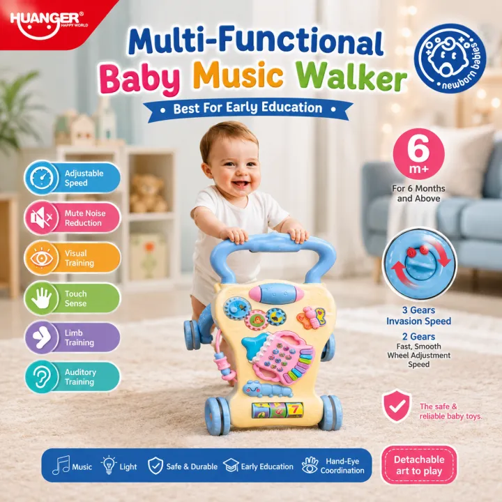 Huanger 2-in-1 Baby Music Walker & Activity Center – Adjustable Speed Sit-to-Stand Learning Walker with Musical Piano Toy, Educational Gears & Non-Slip Wheels - Image 2