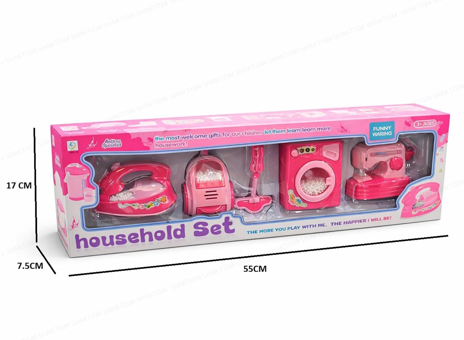 Kids Pretend Play Household Appliance Toy Set | Battery-Operated Mini Washing Machine, Vacuum Cleaner, Iron & Sewing Machine Playset (Pink) - Image 6