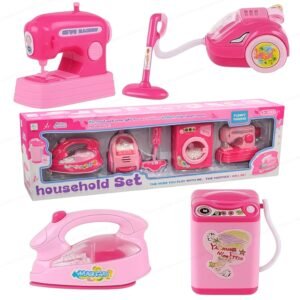 Kids Pretend Play Household Appliance Toy Set | Battery-Operated Mini Washing Machine, Vacuum Cleaner, Iron & Sewing Machine Playset (Pink)