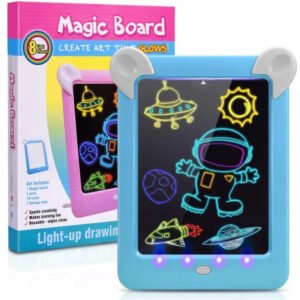 Magic Light-Up Drawing Board for Kids – Reusable LED Glow Writing Tablet with 8 Light Effects, Drawing Stencils & Cards