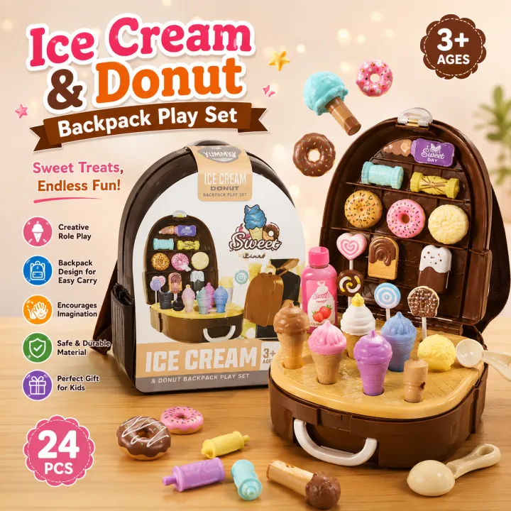 Ice Cream & Donut Backpack Play Set – 17-Piece Portable Pretend Play Dessert Shop with Toy Ice Cream Cones, Donuts, Lollipops & Storage Case