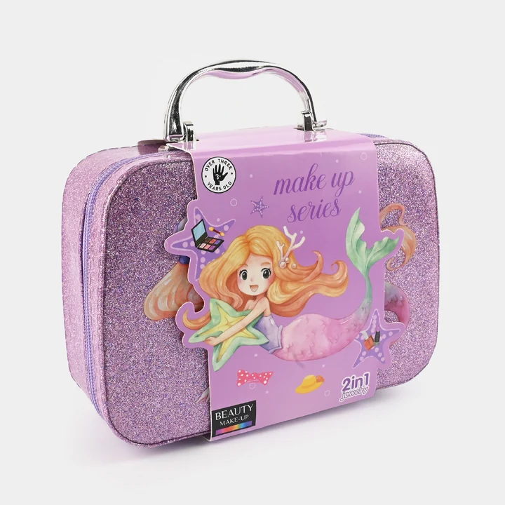Kids Glitter Vanity Makeup Kit & Beauty Salon Toy Set | Washable Cosmetic Pretend Play Case with Mirror & Nail Polish for Little Girls (Purple) - Image 2