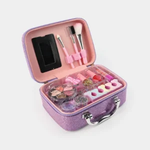Kids Glitter Vanity Makeup Kit & Beauty Salon Toy Set | Washable Cosmetic Pretend Play Case with Mirror & Nail Polish for Little Girls (Purple)