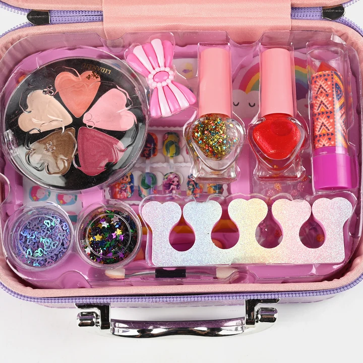 Kids Glitter Vanity Makeup Kit & Beauty Salon Toy Set | Washable Cosmetic Pretend Play Case with Mirror & Nail Polish for Little Girls (Purple) - Image 3