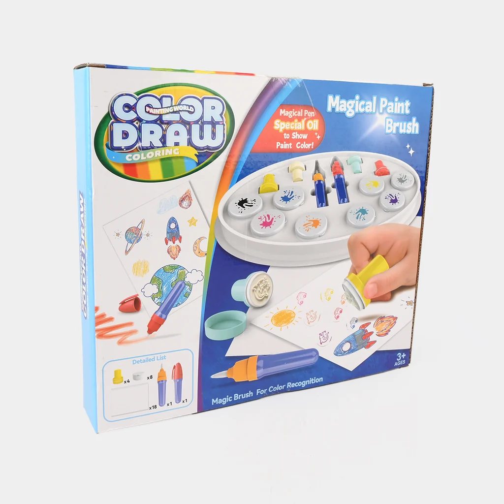 Color Draw Magical Paint Brush & Stamp Set – Mess-Free Special Oil Coloring Kit with 4 Stamps, Pens & 18 Drawing Sheets, Creative Educational Toy