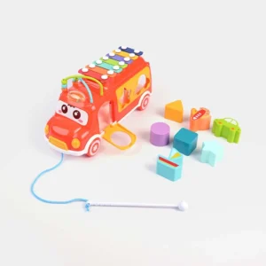 Huanger 3-in-1 Musical Bus Toy – Xylophone Instrument, Shape Sorter & Pull-Along Educational Learning Playset with Blocks for Toddlers Age 18M+