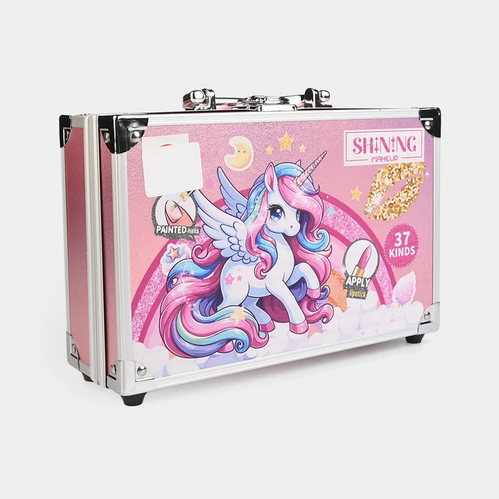 Kids Deluxe Multi-Tier Makeup & Nail Art Vanity Case | Foldable Cosmetic Pretend Play Set with Mirror, Press-on Nails & Glitter for Girls (Pink) - Image 3