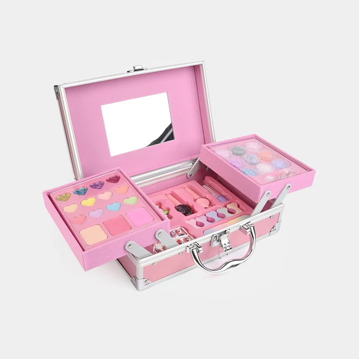 Kids Deluxe Multi-Tier Makeup & Nail Art Vanity Case | Foldable Cosmetic Pretend Play Set with Mirror, Press-on Nails & Glitter for Girls (Pink)