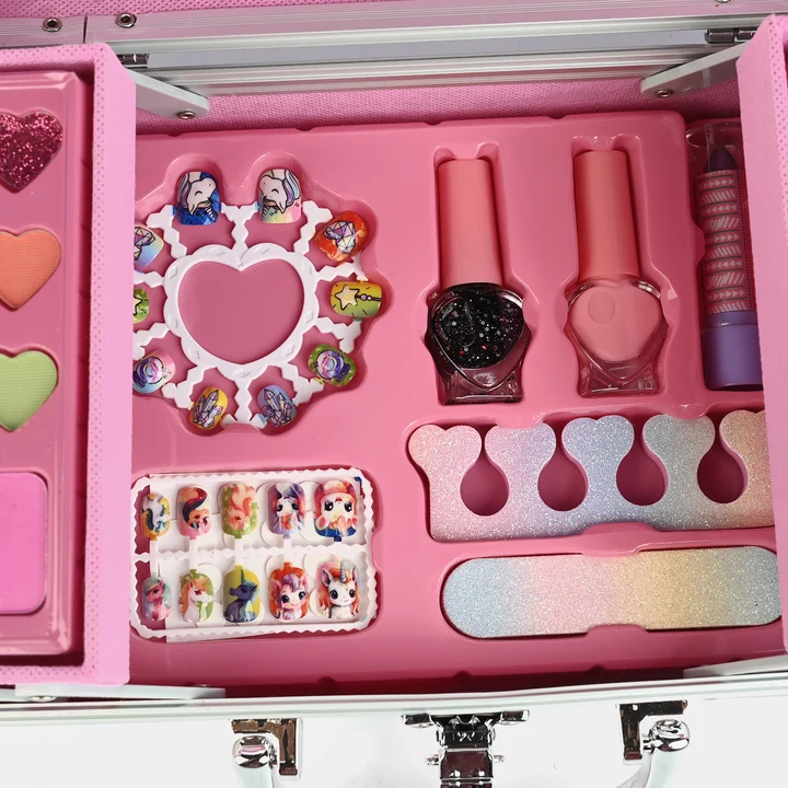 Kids Deluxe Multi-Tier Makeup & Nail Art Vanity Case | Foldable Cosmetic Pretend Play Set with Mirror, Press-on Nails & Glitter for Girls (Pink) - Image 2