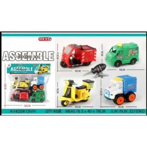 Kids DIY Assemble Express Car & Delivery Vehicle Toy Set - 4-Piece Friction Powered City Delivery Truck and Scooter Play Set with Tools