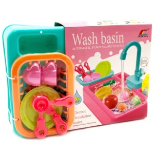 Electric Play Kitchen Sink Toy – Automatic Water Pumping & Recycling Play Sink with Play Food, Dishes & Faucet