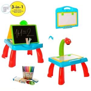 3-in-1 Learn & Interactive Activity Desk – Projection Painting, Chalkboard & Whiteboard Educational Drawing Table with Slides and Water Pens