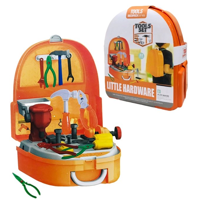 Kids Tools Backpack Series Little Hardware Playset | Portable Pretend Play Construction Tool Set with Hammer, Pliers & Wearable Storage Case (Orange)