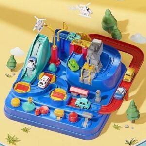 Kids Car Adventure Track Toy – Interactive Mechanical City Rescue Puzzle Playset with 4 Mini Vehicles, No Battery Required Educational Learning Toy