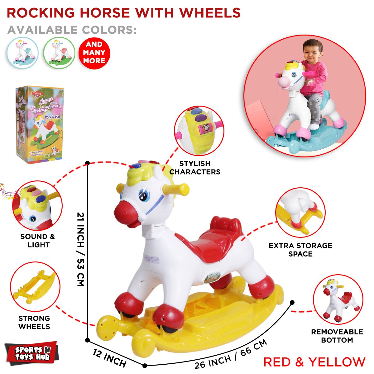Kids Rocking Horse with Wheels, Sound & Light | 2-in-1 Musical Ride-On Rocking Horse Toy with Storage Space - Image 2