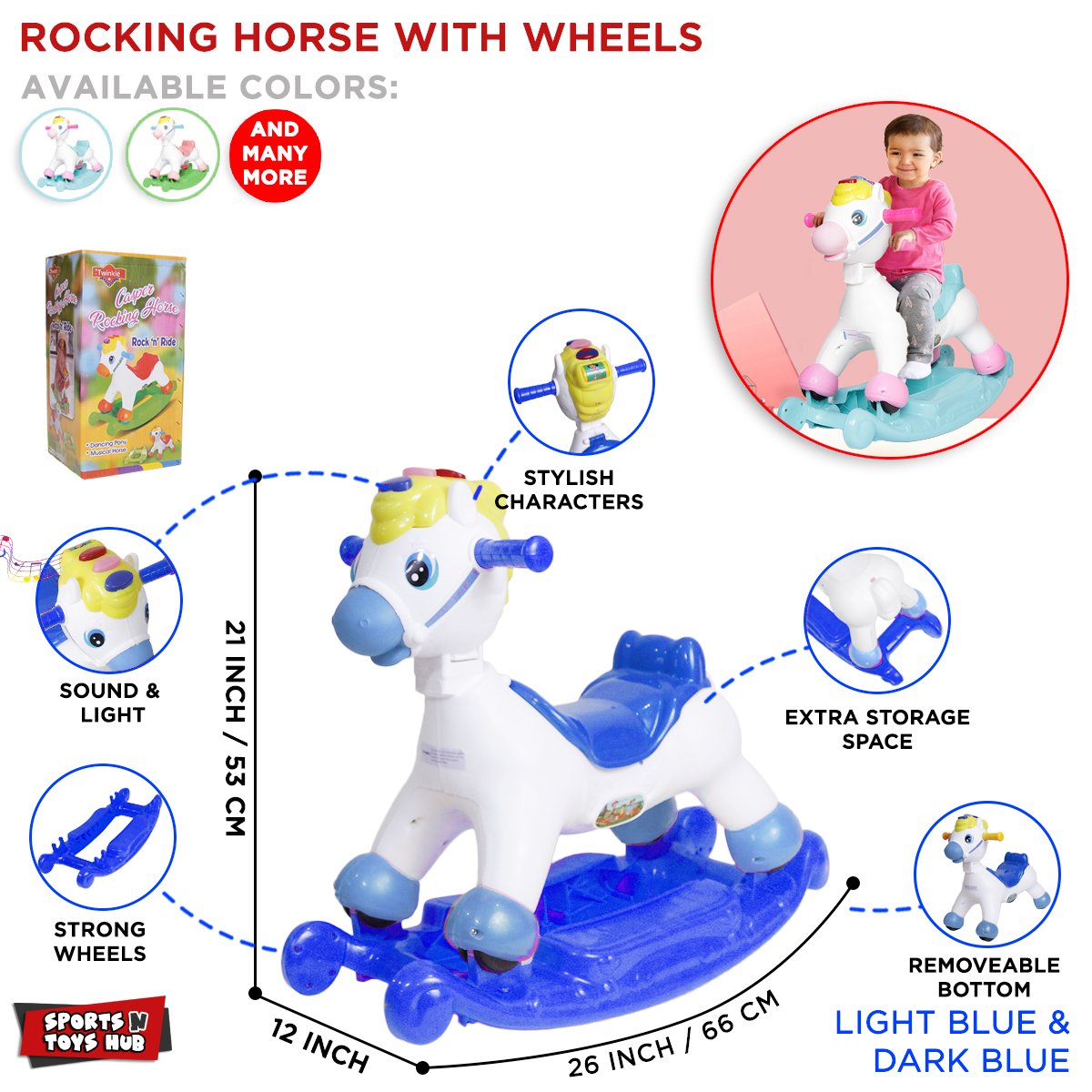 Kids Rocking Horse with Wheels, Sound & Light | 2-in-1 Musical Ride-On Rocking Horse Toy with Storage Space