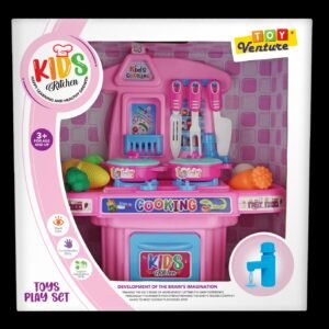 Toy Venture Kids Kitchen Play Set – Interactive Pretend Cooking Playset with Stove, Cookware, Play Food & Working Faucet Toy