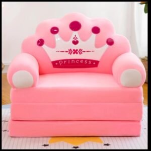 2-in-1 Foldable Kids Plush Sofa & Flip-Open Lounger Bed | Cartoon Character & Princess Crown Toddler Armchair for Playroom & Bedroom