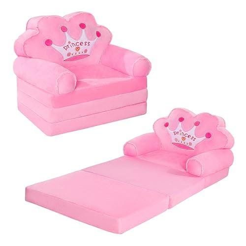 2-in-1 Foldable Kids Plush Sofa & Flip-Open Lounger Bed | Cartoon Character & Princess Crown Toddler Armchair for Playroom & Bedroom - Image 6