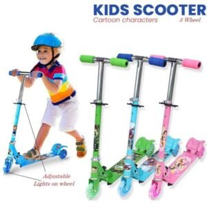 Kids 3-Wheel Folding Scooter with LED Flashing Wheels & Height-Adjustable Handlebar | Cartoon Character Outdoor Kick Scooter for Boys & Girls