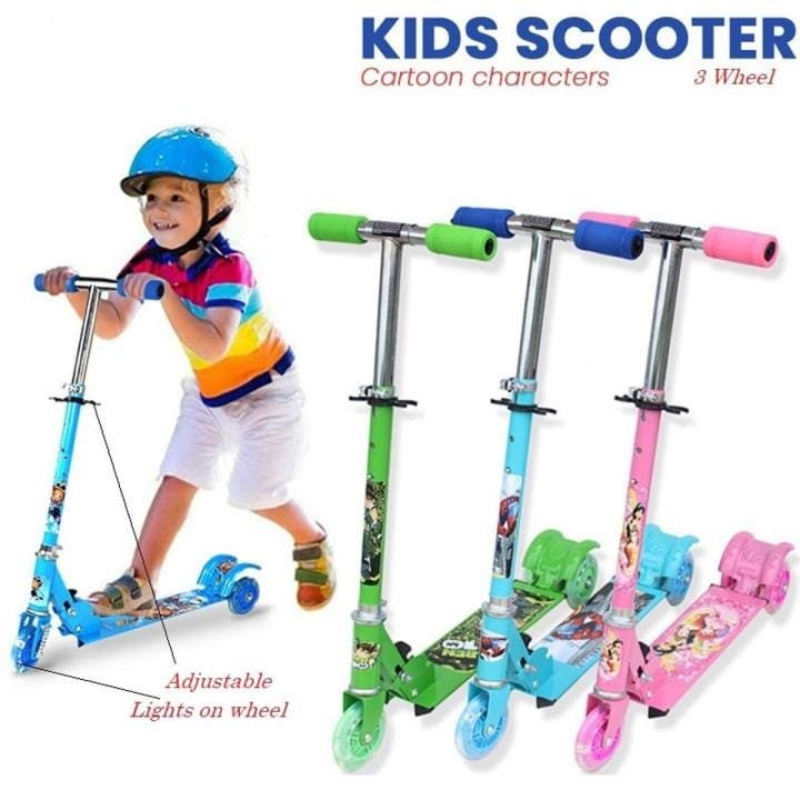 Kids 3-Wheel Folding Scooter with LED Flashing Wheels & Height-Adjustable Handlebar | Cartoon Character Outdoor Kick Scooter for Boys & Girls