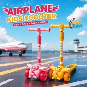 Airplane Kids 3-Wheel Kick Scooter with LED Flashing Wheels & Height-Adjustable Handlebar | Fun Cartoon Aircraft Toy Scooter for Boys & Girls