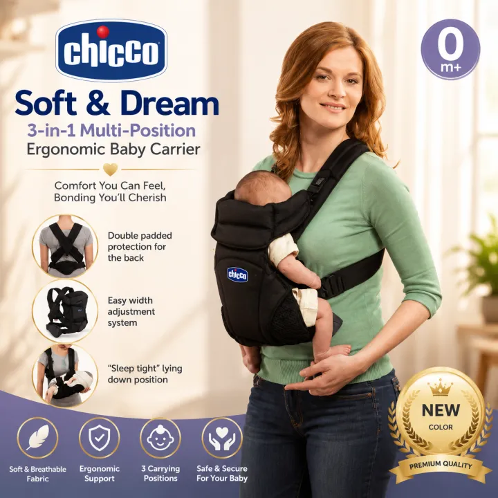 Chicco Soft & Dream Ergonomic Baby Carrier – 0+ Months 3-in-1 Multi-Position Infant Carrier with Double Padded Back Support