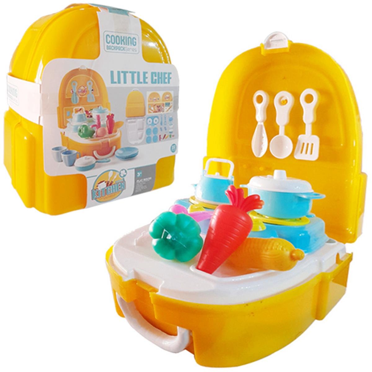 Kids Cooking Backpack Series Little Chef Playset | Portable Pretend Play Kitchen with Cookware, Play Food & Wearable Storage Case (Yellow) - Image 2