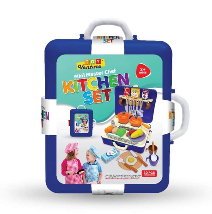 Toy Venture Mini Master Chef Kitchen Set | 30 PCS Portable Pretend Play Cooking Station & Storage Briefcase for Kids (Blue)