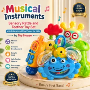 Toy House Musical Instruments Sensory Rattle & Teether Toy Set – Baby's First Band Educational Toys for Sensory Development & Safe Teething