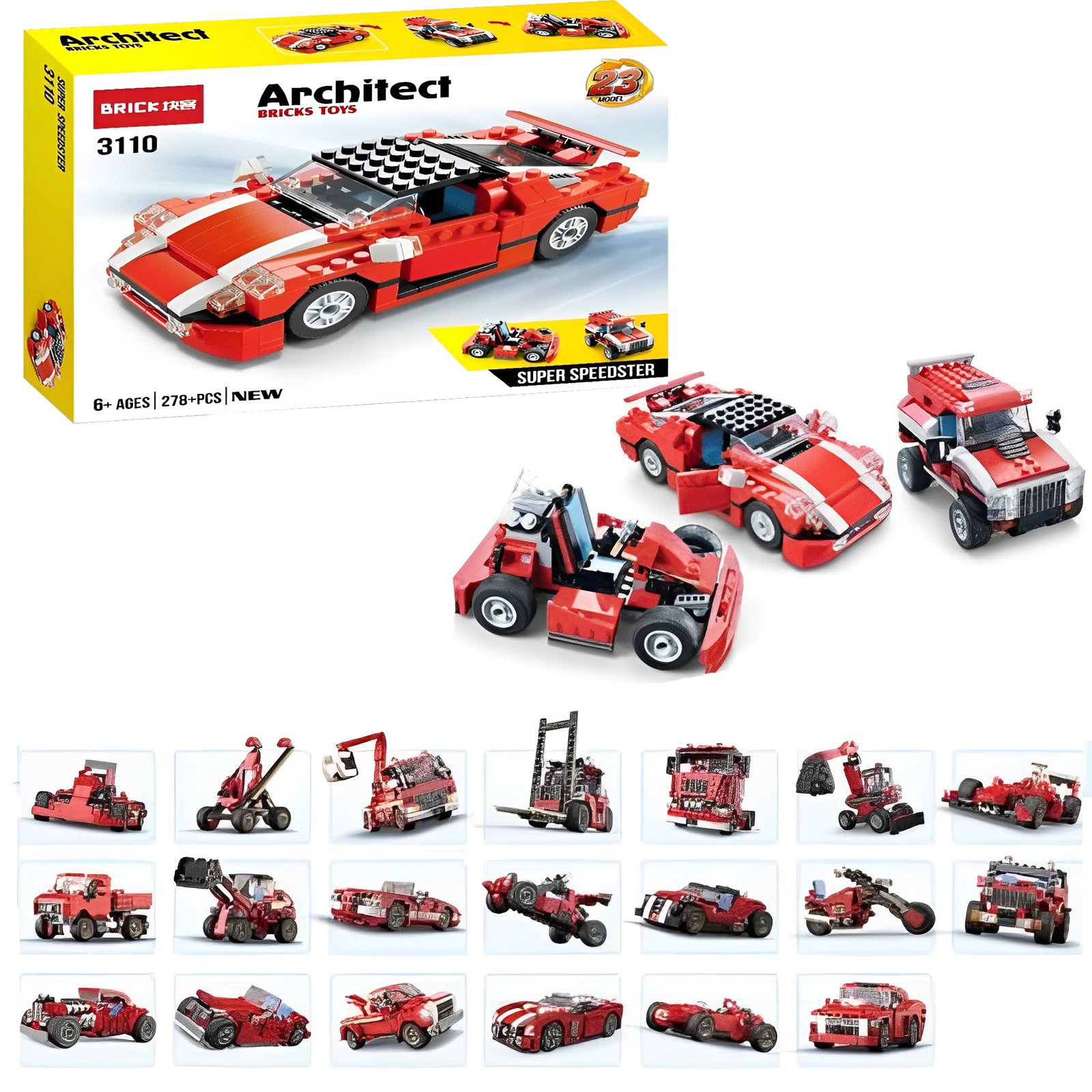 Architect Super Speedster 3110 Building Bricks Set | 278+ PCS 3-in-1 Creator Sports Car, Go-Kart & Truck Construction Toy (Ages 6+)