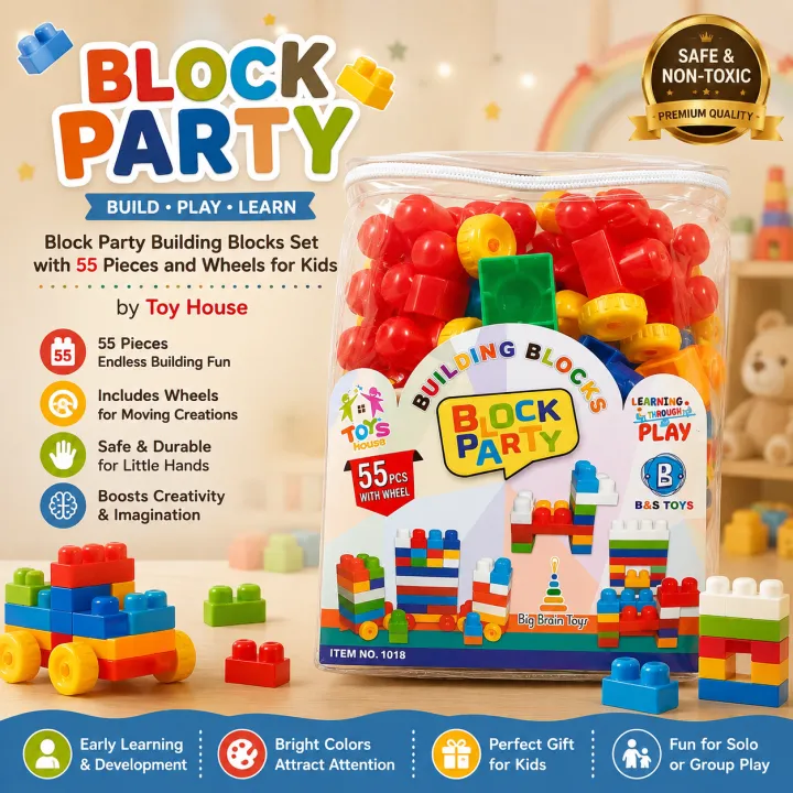 Toy House Block Party Building Blocks Set – 55 Pieces with Wheels, Safe & Durable Educational Construction Toy