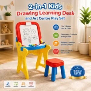 2-in-1 Kids Drawing Learning Desk and Art Centre Play Set – Convertible Standing Easel & Study Table with Matching Stool, Whiteboard, Storage & Educational Creative Tools for Kids