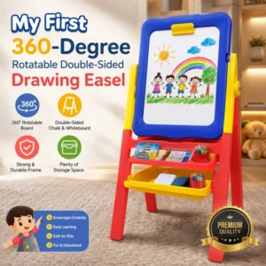 My First Easel 3-in-1 Double-Sided Kids Art Easel – Adjustable Standing Drawing Board with Whiteboard, Chalkboard, Storage Tray, Markers, Chalk & Duster for Early Learning and Creative Play