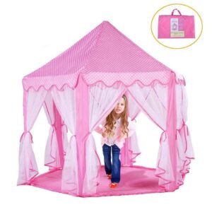 Pink Princess Castle Play Tent – Large Hexagon Kids Playhouse with Elegant Lace Curtains and Breathable Mesh for Indoor & Outdoor Play (140x140 cm)